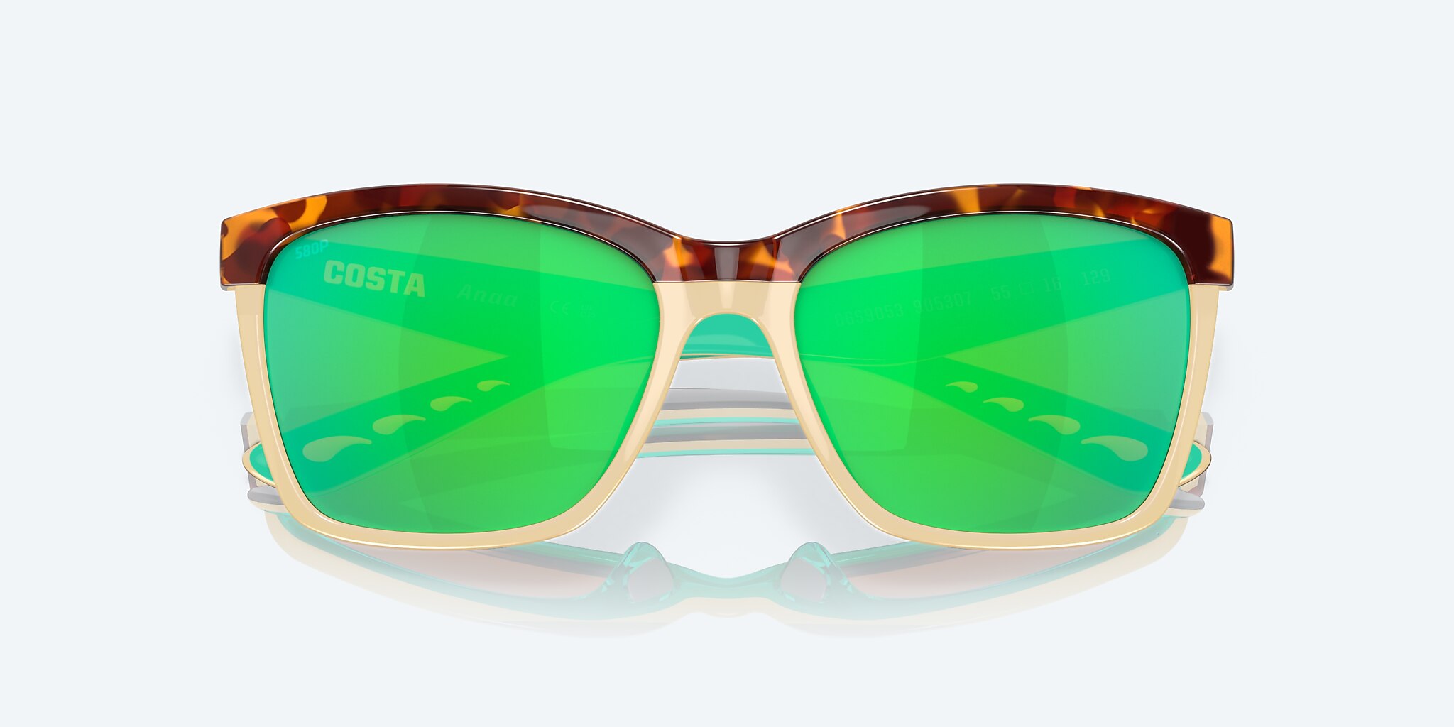 Sunglasses Costa Anaa S (55-16) with Green Mirror lens and Shiny Retro Tortoise/Cream/Mint frame Image 5 of 7